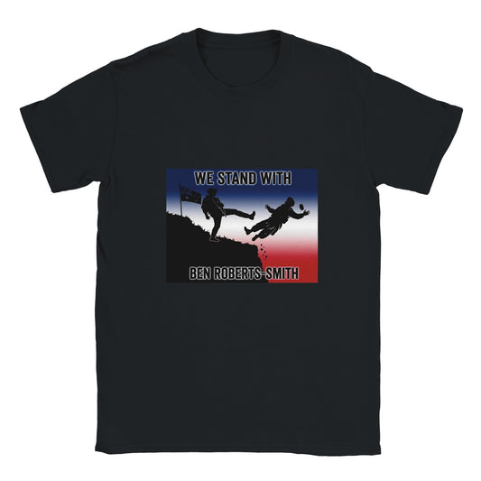 Black t-shirt featuring a silhouette of the Ben Roberts-Smith cliff kick allegation under the text 'WE STAND WITH BEN ROBERTS-SMITH'. Gritty, high-contrast statement gear.