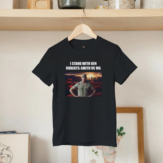 A black kid's t-shirt displaying a gritty portrait of Ben Roberts-Smith. Unapologetic Australian streetwear and controversial anti-mainstream merch by Dog Act Designs.
